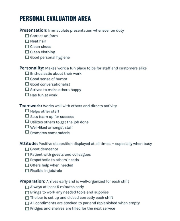 Bartender Performance Evaluation Template