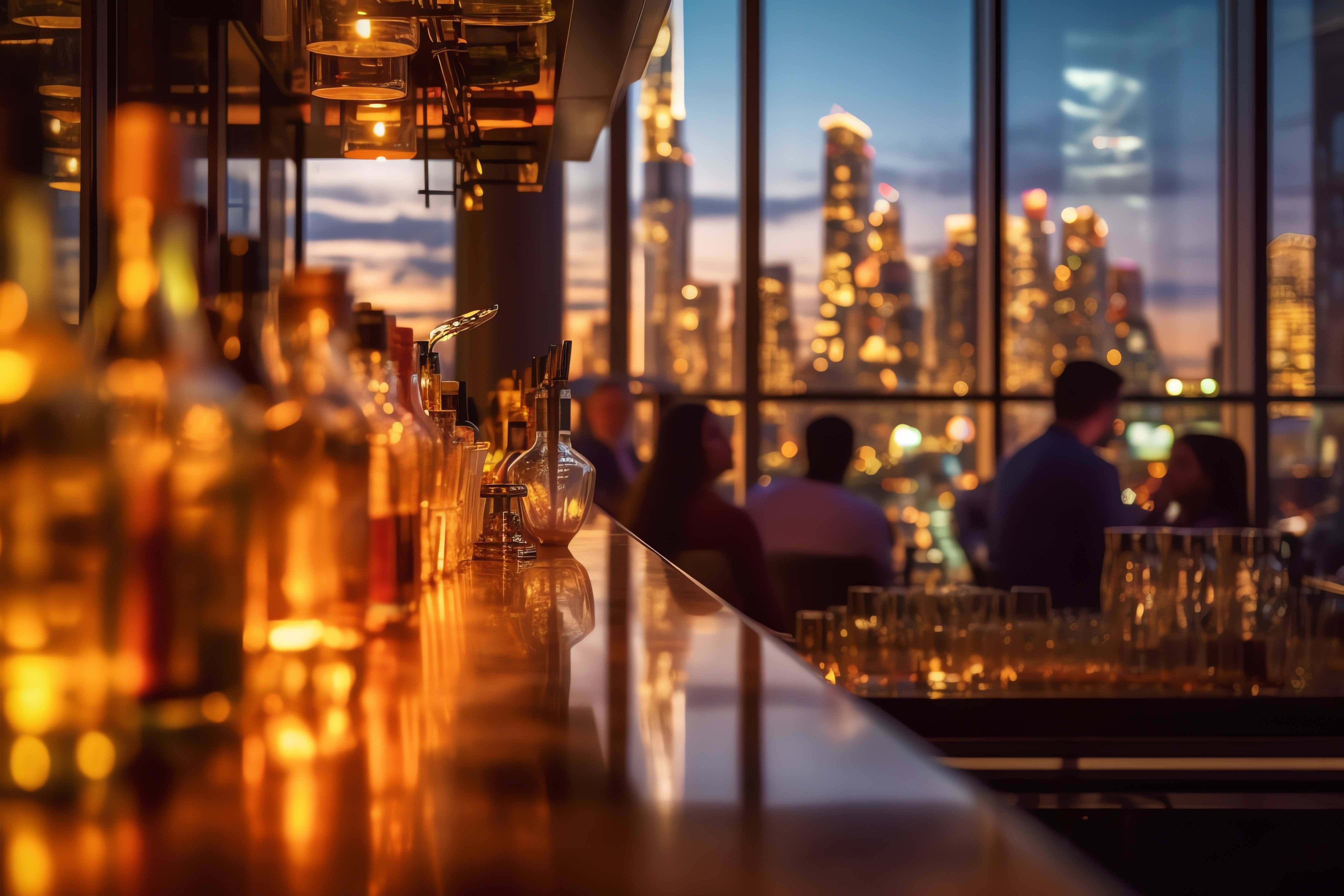 A busy bar overlooking the Manhattan skyline