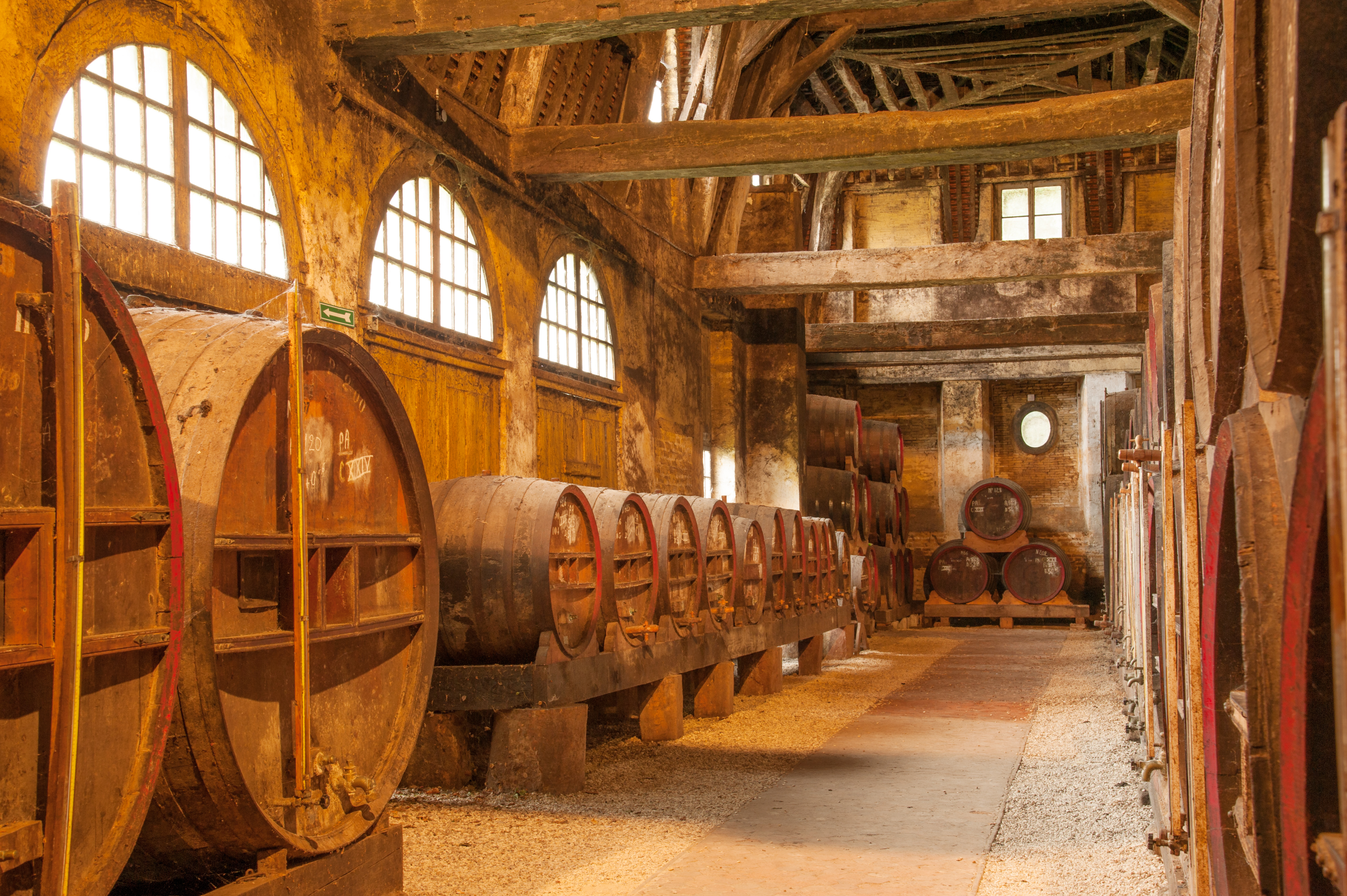 Calvados aging in large oak casks