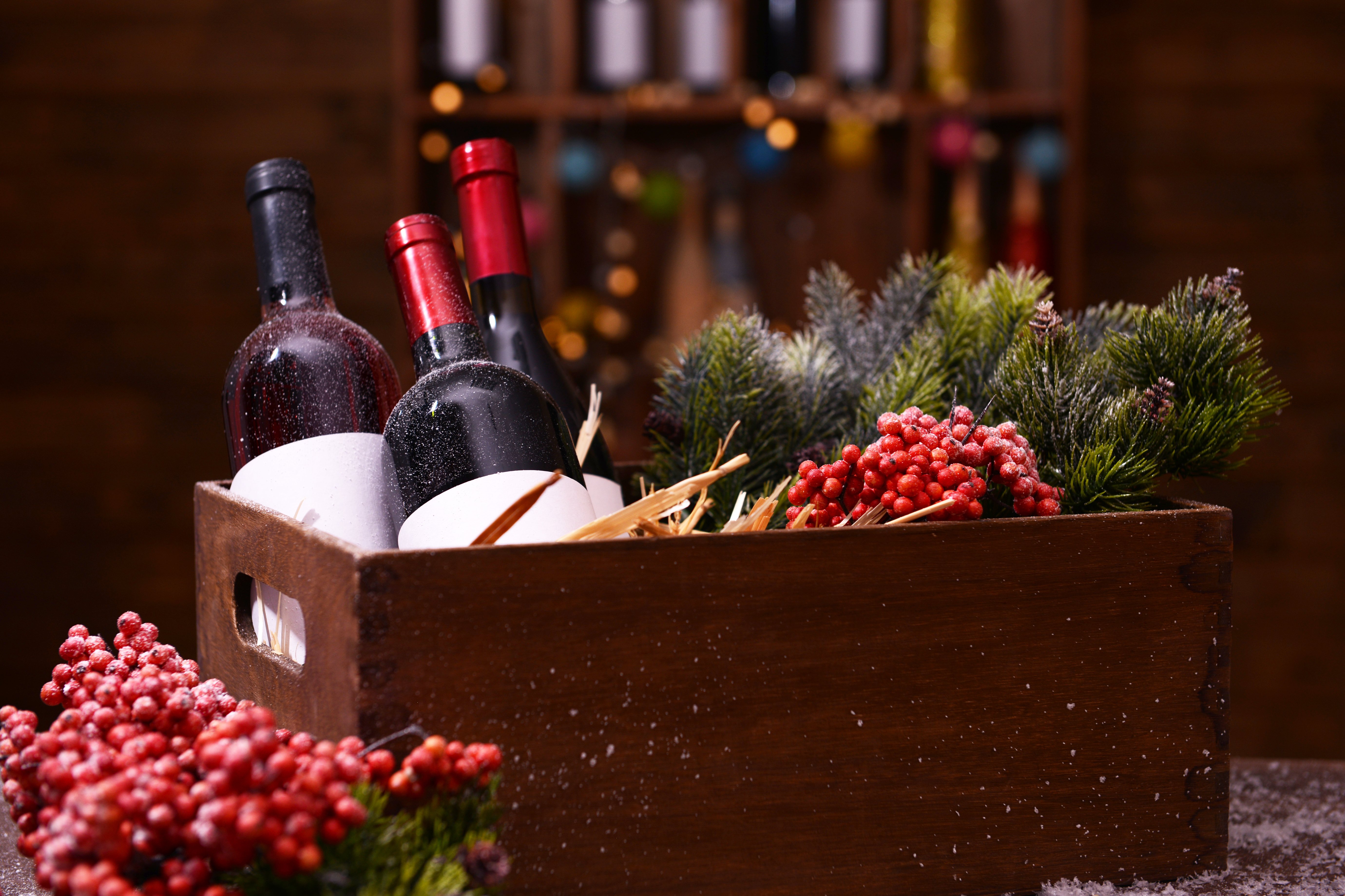 Box of wine with holiday decorations